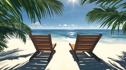 Obraz premium Two wooden lounge chairs facing a serene beach and ocean under a clear blue sky.
