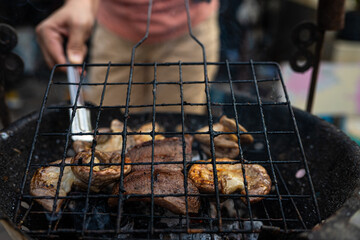Meat pork grilled on fire outdoor camping party