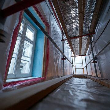 Treppenhaus mit bunten Abdichtungsfolien im Rohbau w&auml;hrend der Renovierung