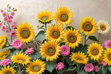 Cheerful Yellow Sunflowers with Pink Accents on an Ivory Backdrop for Spring Joy