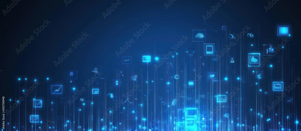 Poster futuristic blue technological interface showcasing interconnected digital icons and data streams rep