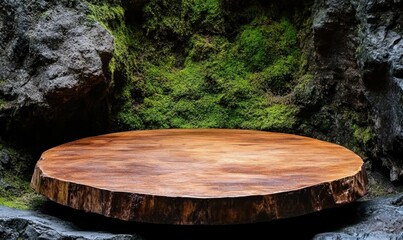 Fototapeta premium Wooden slice display, moss, rocks, nature background, product showcase