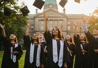 Graduates joyfully throwing their caps in the air, celebrating their achievement with huge smiles and excitement on their faces.