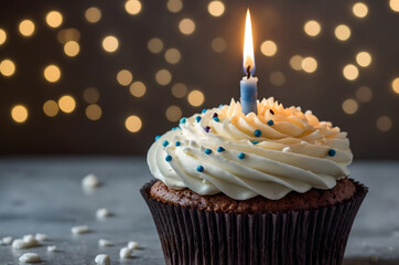 a cupcake adorned with creamy white frosting and a glowing candle