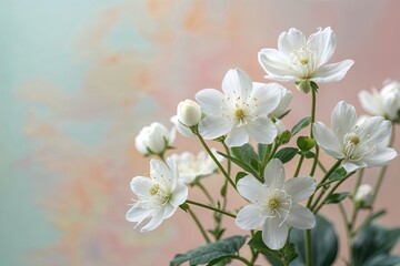 Obraz premium Delicate White Flowers Blooming on a Soft Pastel Background