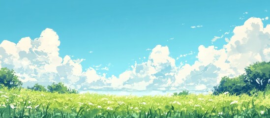 Fototapeta premium Blue sky with white clouds over lush green grass field landscape background with wide copy space.