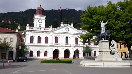 Naklejka premium bariloche, Argentina. Town,Hall ,Clock ,tower,Civic,Center,square (Centro Civico) Equestrian, Monument julio A Roca,architecture, city, landmark,