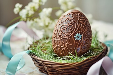A chocolate egg with intricate designs is carefully placed in an Easter basket. The basket is surrounded by soft grass and pastel ribbons. The mood is peaceful and festive