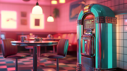 Dancing to nostalgia retro diner scene with jukebox indoor colorful atmosphere close-up view of vintage charm