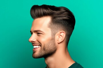Naklejka premium Creative art of style for aging men. Classy men's low fade haircut - midlife white man with black hair. A confident and happy man exuding charm. Green solid background.