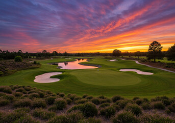Naklejka premium Golfer putting on the 18th hole at sunset, casting a long shadow across the well-manicured green. Vibrant golden hues in the sky create a picturesque backdrop.