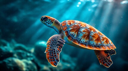 Fototapeta premium Sea turtle swims gracefully through sunlit turquoise ocean waters near rocky seabed