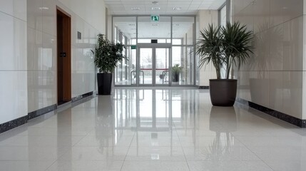 Obraz premium Modern minimalist office hallway interior design clean lines and polished floor corporate business image