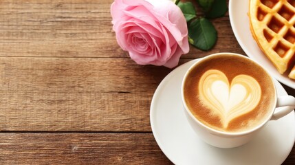 A cozy morning scene featuring a heart-shaped latte art, a pink rose, and waffles on a wooden table