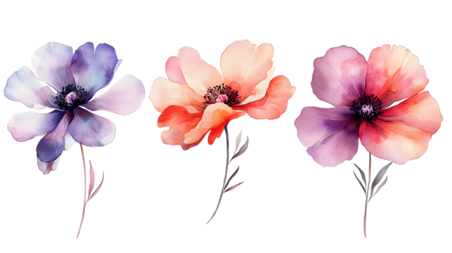 watercolor floral set, flowers isolated on white background.
