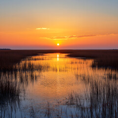 Golden Dusk Over the Tranquil Mirror: A Serene Marshland in Enchanting Harmony