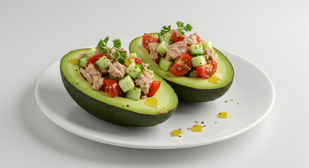 Delicious Avocado Halves Filled With Tuna And Fresh Vegetables On Plate