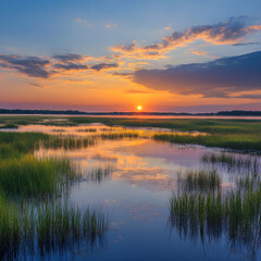 Obraz premium Golden Dusk Over the Tranquil Mirror: A Serene Marshland in Enchanting Harmony