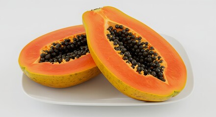 A perfectly ripe papaya, cut in half, with its vibrant orange flesh and black seeds clearly visible.