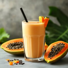 Fresh Papaya Milk Smoothie in a Glass on a Gray Table, Tropical Fruit Concept