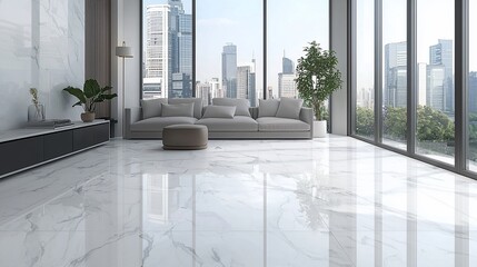 Fototapeta premium Modern living room with city view, marble floor, and comfortable furniture