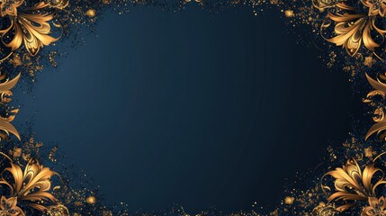 elegant navy blue background framed with intricate gold floral patterns and shimmering dust creating a luxurious and sophisticated aesthetic suitable for various design purposes