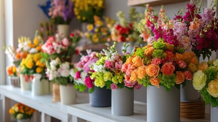 Colorful floral arrangements displayed in a flower shop.