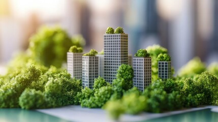 Fototapeta premium A miniature cityscape surrounded by greenery, symbolizing urban sustainability.