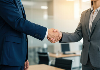 business people shaking hands in an office, smiling with appreciation.