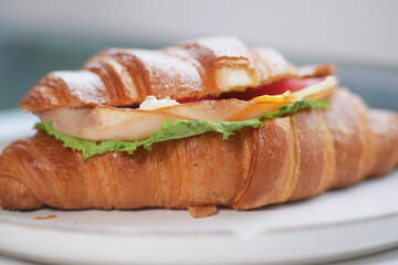 Delicious croissant filled with fresh ingredients served on a plate