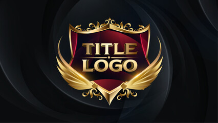 Golden and Red Logo Symbol Badge with Flying Wings. Royal Style Icon Emblem. Sports Team Logo. Luxury Brand Name Plate. Victory And Ancient Style Frame. Ornamental Frame Elite Club Logotype.