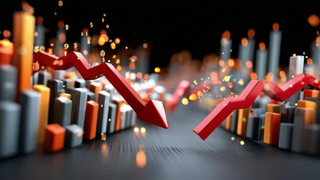 Market Decline: A visual representation of a declining market with a red arrow pointing downwards over financial charts, evoking economic uncertainty and the impact of financial downturns.