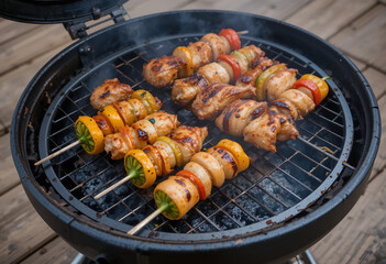 Juicy chicken skewers and colorful veggies grilling on a BBQ in the backyard