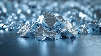 Raw neodymium metal pieces rest on a reflective surface symbolizing rare earth power technological advancement magnetic energy and the hidden strength of essential modern elements

