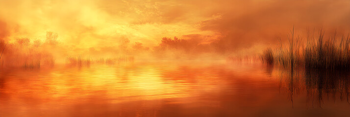 Golden Dusk Over the Tranquil Mirror: A Serene Marshland in Enchanting Harmony
