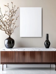 Modern Minimalist Home Decor - Stylish sideboard with marble top, featuring a blank canvas, dried floral arrangement, and sleek vases. Perfect for interior design inspiration