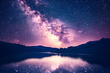 Celestial Bridge: Nighttime Majesty and Reflected Cosmic Splendor Under the Milky Way