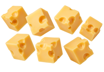 Delicious Flying Cheese Cubes – High-Quality PNG Isolated on White Background