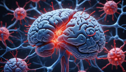 A detailed 3D rendering of a human brain, showcasing the intricate neural network and highlighting a section with intense red, suggesting inflammation or damage.