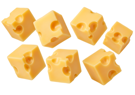 Delicious Flying Cheese Cubes – High-Quality PNG Isolated on White Background