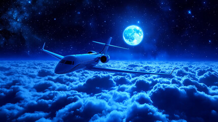 Fototapeta premium Night Flight Above the Clouds - Private jet flying high above a blanket of clouds under a starry night sky and a full moon