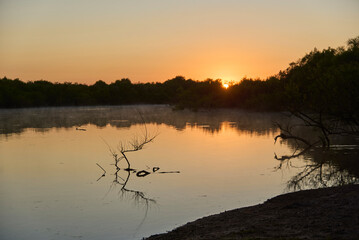 Sunrise scene, orange sunlight reflecting on the surface of the water in Los Loros Creek, El Palmar...