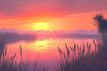 Golden Dusk Over the Tranquil Mirror: A Serene Marshland in Enchanting Harmony