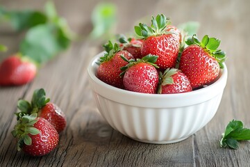 Fresh Strawberries in a White Porcelain Bowl on a Rustic Wooden Table