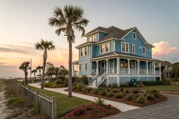 Coastal colonial home with blue siding, wraparound porch, and sea-inspired landscape. Peaceful residential area with palm trees and a low fence