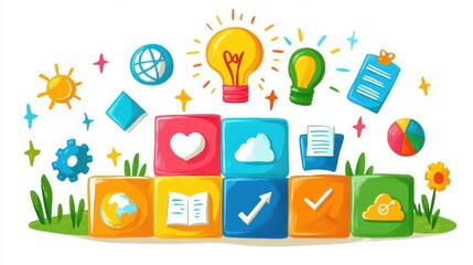 Colorful Learning Blocks with Icons for Education and Creativity