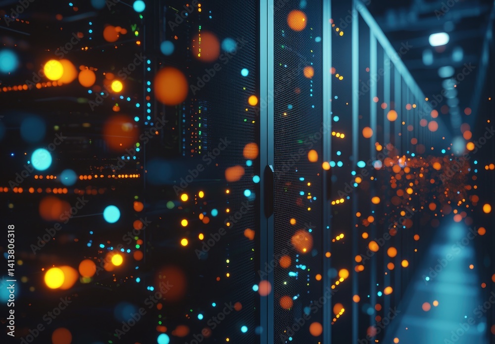 Aufkleber futuristic server room with glowing blue and orange lights representing data flow and network activi