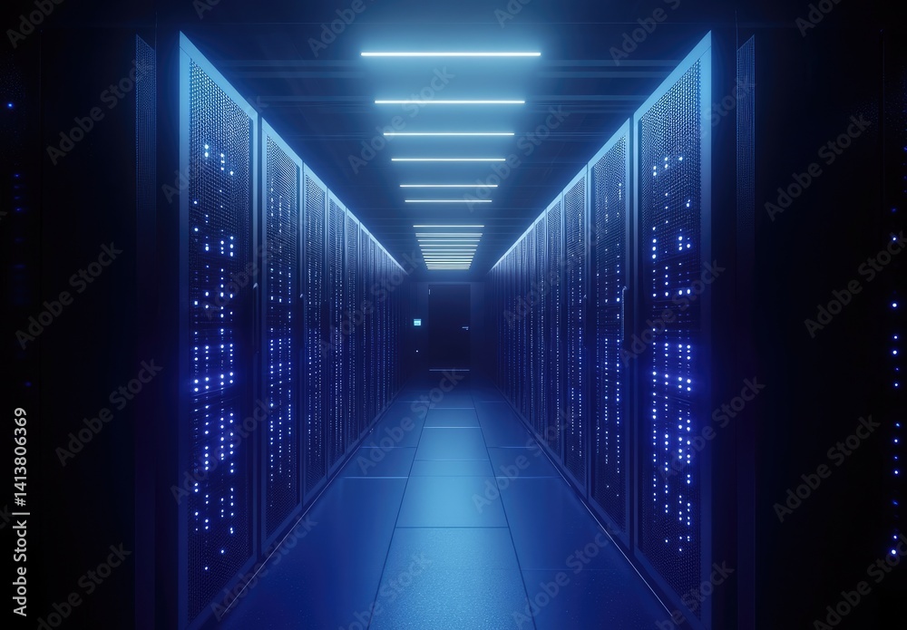 Aufkleber dimly lit corridor of a futuristic data center with glowing blue server lights and overhead panels. 