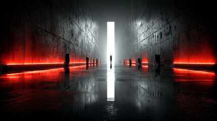Futuristic red tech tunnel with glowing digital code patterns on walls and floor symbolizes data flow, innovation, and immersive technology with deep perspective and intense energy

