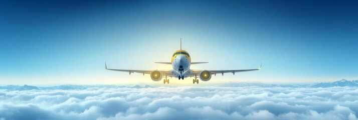 Fototapeta premium Airplane Soaring Above Cloudscape - Airplane in flight above a sea of clouds, symbolizing freedom, travel, adventure, exploration, and new horizons